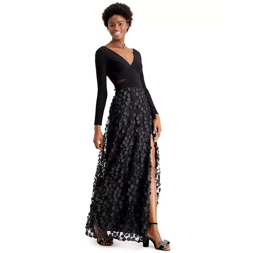 Xscape Mesh-Cutout Flower Gown Black 12
